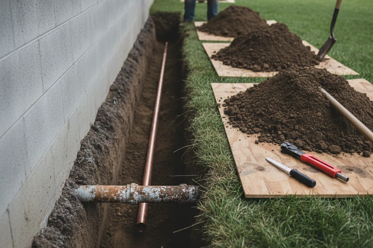 Excavated water line trench during Water Softener Installation in Maumelle